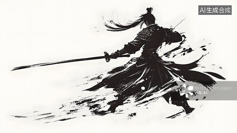 【AI数字艺术】水墨风格武士挥剑动态图图片素材