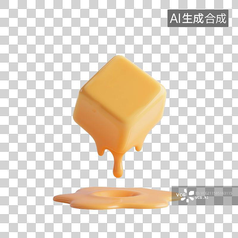 【AI数字艺术】3D渲染，融化的黄油，奶酪，黄色立方体，食品，美食，免抠元素图片素材