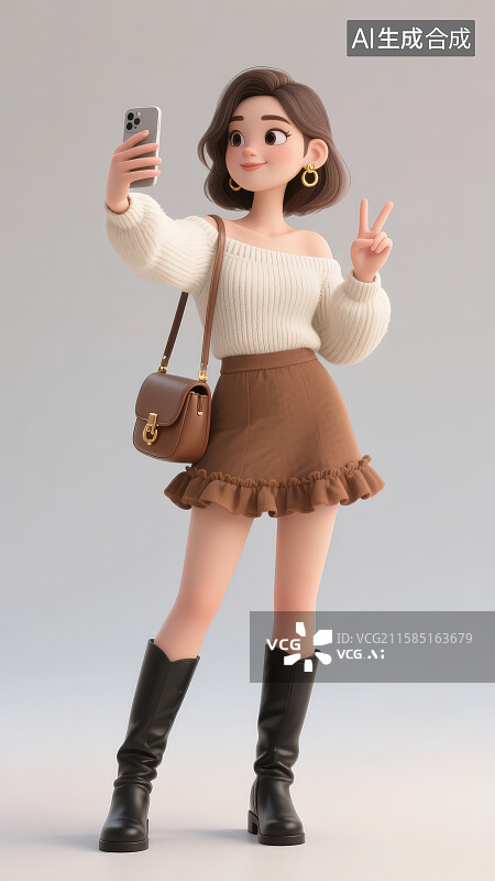 【AI数字艺术】3D渲染女孩背着包举起智能手机自拍和另一只手比出剪刀手姿势图片素材