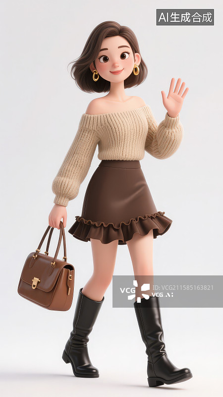 【AI数字艺术】3D渲染女孩手提着包伸出另一只手做打招呼姿势图片素材