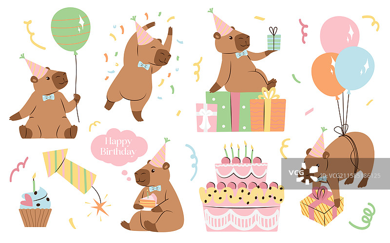 搞笑的水豚卡通动物角色在庆祝图片素材