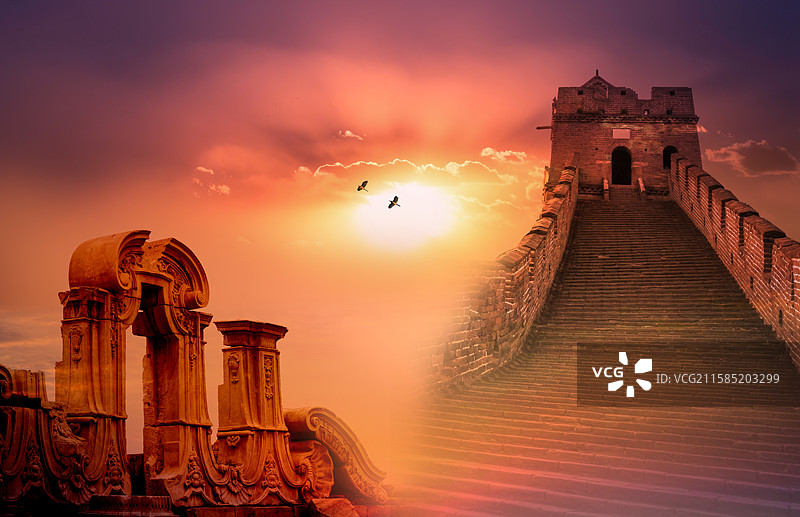 圆明园大水法历史遗迹与长城烽火台纪念抗日战争胜利八十周年图片素材