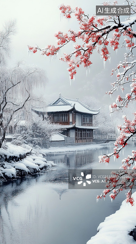 【AI数字艺术】冬天雪后国风皇宫亭台楼阁红墙宫墙古建筑风景图片素材
