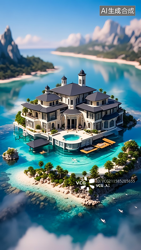 【AI数字艺术】水上别墅建筑插画图片素材