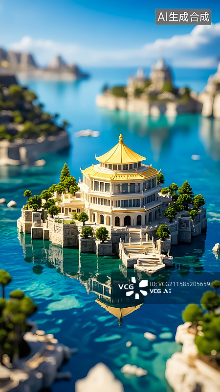 【AI数字艺术】水上别墅建筑插画图片素材