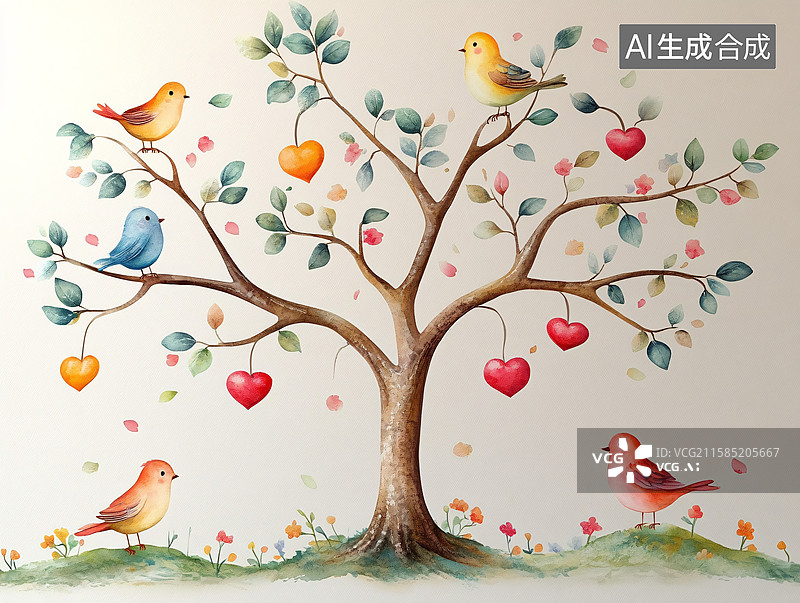 【AI数字艺术】爱心树上的多彩小鸟插画图片素材