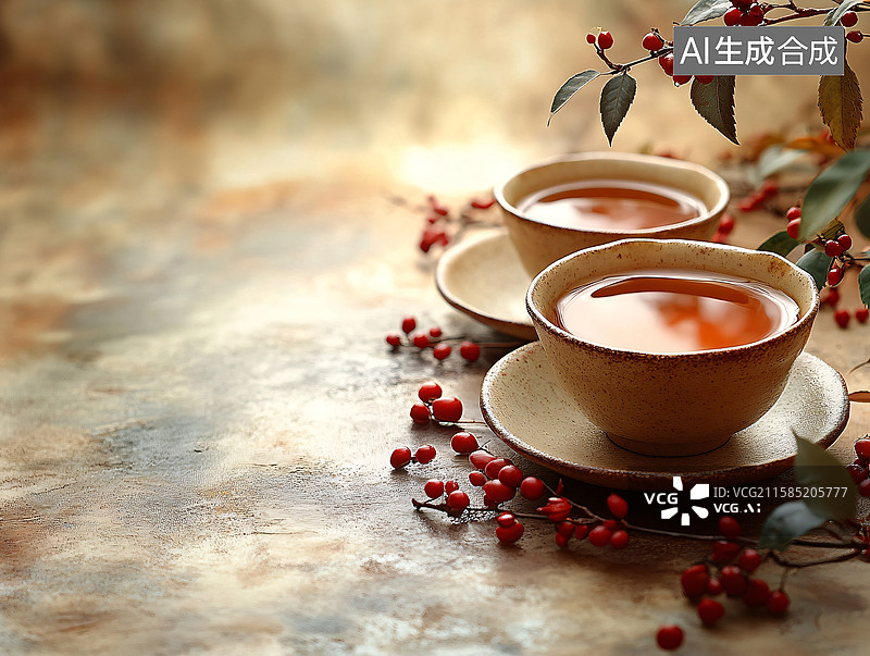 【AI数字艺术】两杯热茶与红果装饰画面图片素材