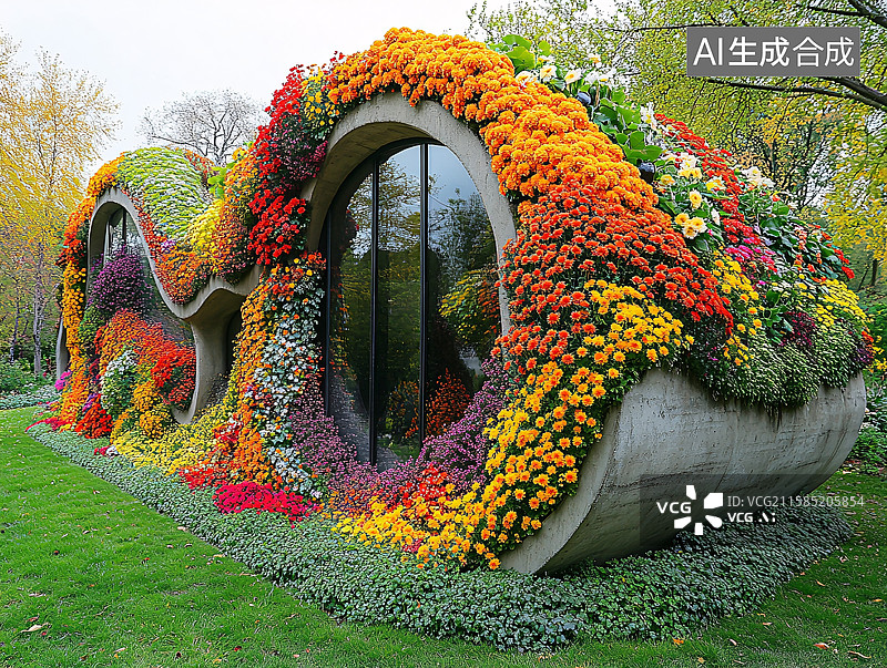 【AI数字艺术】多彩花卉装饰的创意建筑图片素材