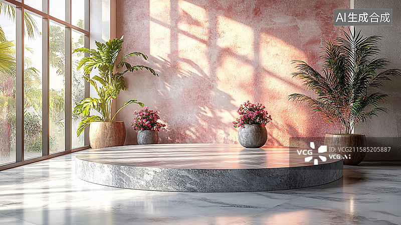 【AI数字艺术】室内植物装饰的圆形展示台图片素材