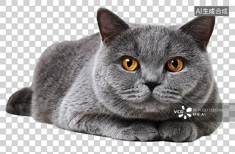 【AI数字艺术】一只灰色英国短毛猫趴卧向前看图片素材