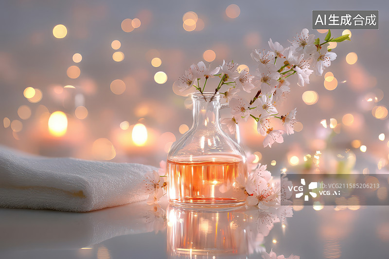 【AI数字艺术】精油樱花灯光温馨静物组合图图片素材