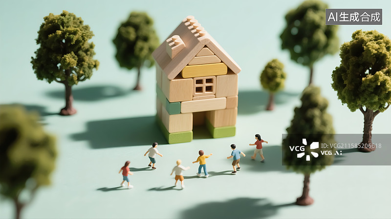 【AI数字艺术】微缩场景中的儿童与房屋模型三维插画图片素材