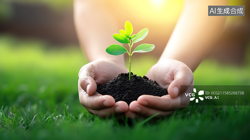 【AI数字艺术】阳光下双手捧起希望的新生秧苗——保护环境世界地球日概念图片素材