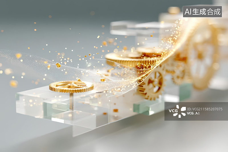 【AI数字艺术】金色齿轮透明基座机械艺术图图片素材