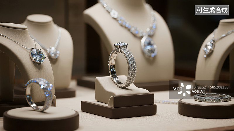 【AI数字艺术】珠宝展示：戒指与项链的优雅陈列图片素材