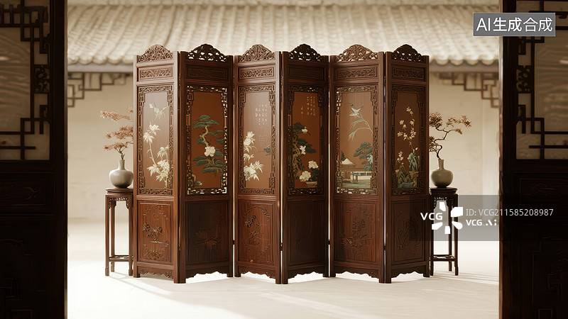 【AI数字艺术】古典中式屏风与室内陈设图片素材