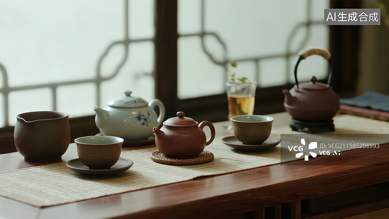 【AI数字艺术】传统茶具摆放在木质茶桌上图片素材