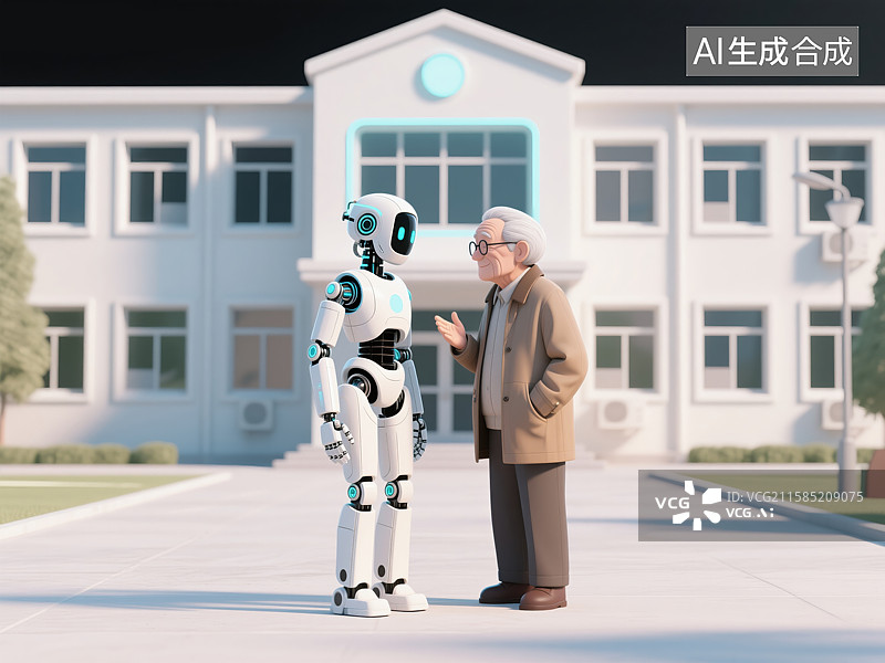 【AI数字艺术】未来主义3D插画机器人与老人重聚校园创意抽象商业背景新质生产力科技辅助生活怀旧校友聚会教育退休中链接图片素材