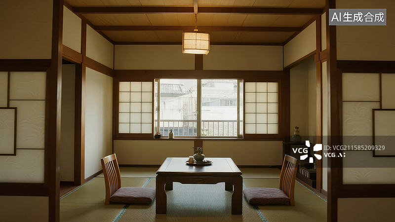 【AI数字艺术】传统日式客厅，简约木桌与榻榻米图片素材