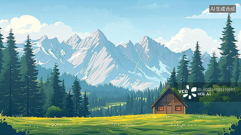 【AI数字艺术】田园牧歌般的宁静家园 山水间的童话小屋  绿色山地草原上的房屋卡通插画背景图片素材