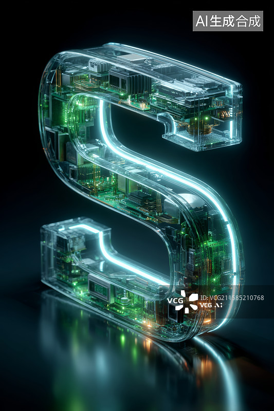 【AI数字艺术】发光绿色透明S三维立体造型图片素材