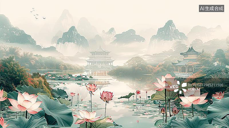 【AI数字艺术】亭亭玉立荷花映古韵 烟波浩渺中的中国风古建筑亭台阁楼   山水间中式亭台楼阁荷花美景图片素材