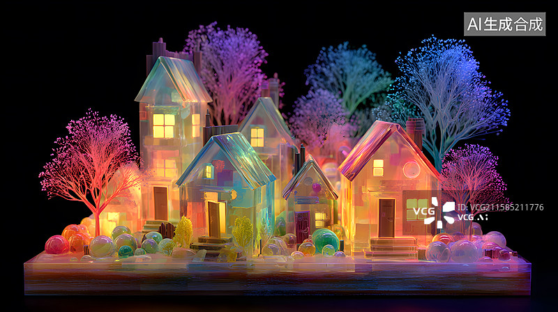 【AI数字艺术】3D发光建筑模型，局部建筑物特写镜头图片素材