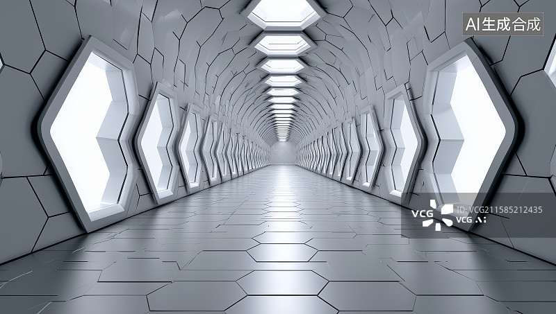 【AI数字艺术】未来科技走廊，六边形设计图片素材