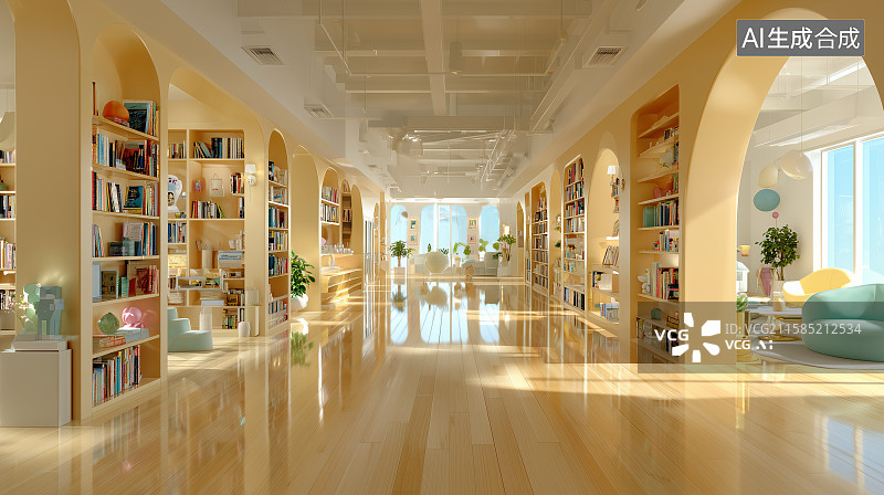 【AI数字艺术】明亮宽敞的图书馆内部图片素材