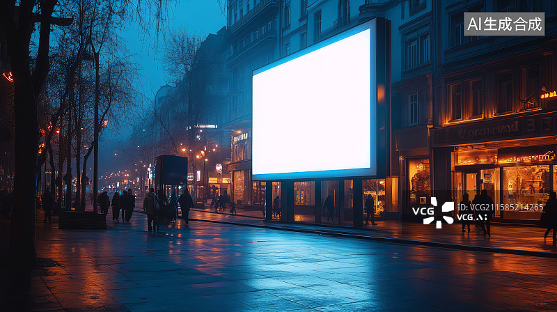 【AI数字艺术】夜晚户外街道空白广告灯箱展示牌图片素材