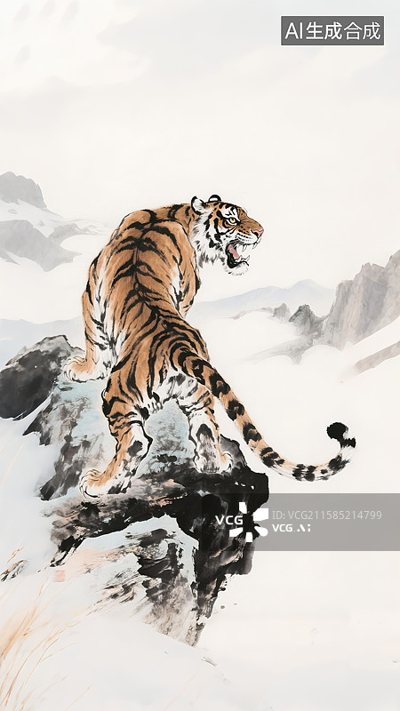【AI数字艺术】国画老虎上山图图片素材
