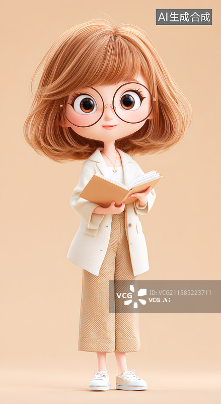 【AI数字艺术】一个戴眼镜的女生手里拿着书图片素材