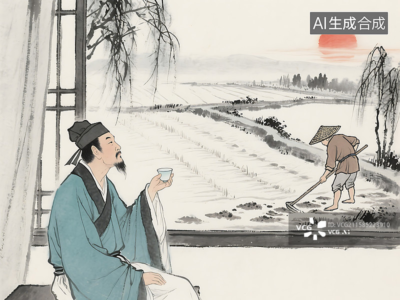 【AI数字艺术】国风 古画 水墨画 语文 古诗 悯农 李绅图片素材
