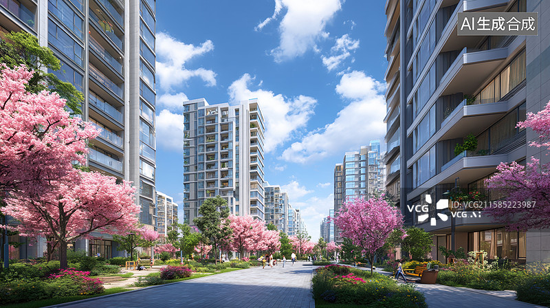 【AI数字艺术】现代住宅区樱花盛开的街道图片素材