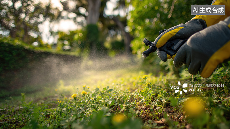 【AI数字艺术】园丁喷洒植物，阳光下的花园护理图片素材