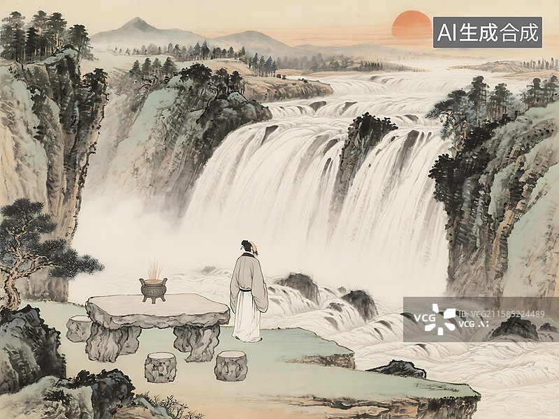 【AI数字艺术】国风 古画 水墨画 语文 古诗 唐朝 李白 日照香炉生紫烟图片素材