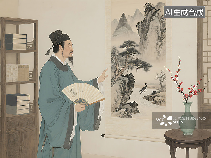 【AI数字艺术】国风 古画 水墨画 语文 古诗 唐朝 王维 画 远看山有色图片素材
