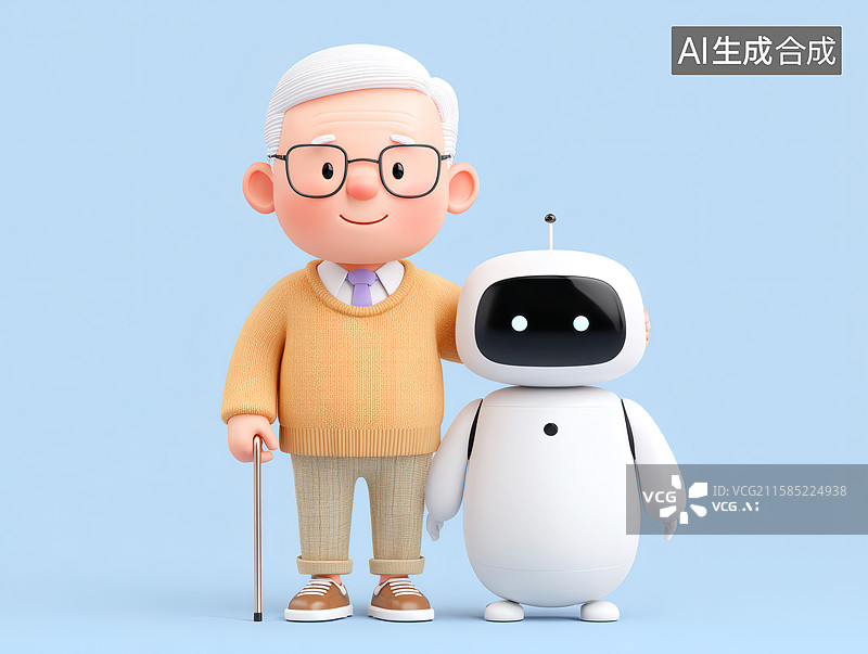 【AI数字艺术】一个人工智能机器人正在陪护照顾老人图片素材