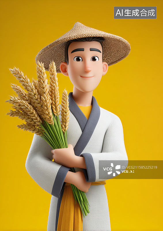 【AI数字艺术】一个年轻的农夫手里拿着麦穗图片素材