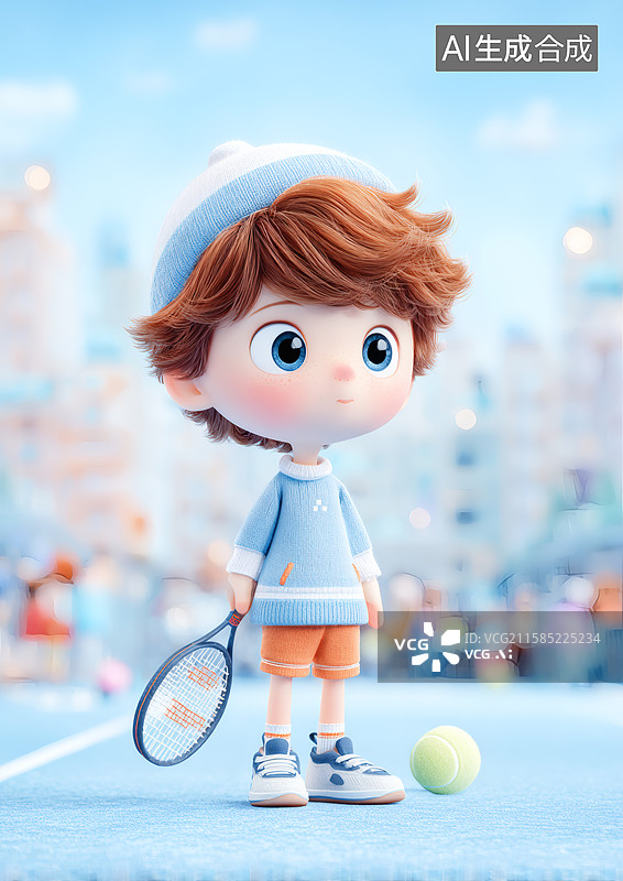 【AI数字艺术】一个可爱的小男孩在打网球图片素材