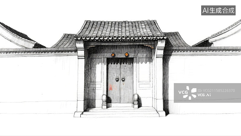 【AI数字艺术】中式四合院铅笔风格插画图片素材