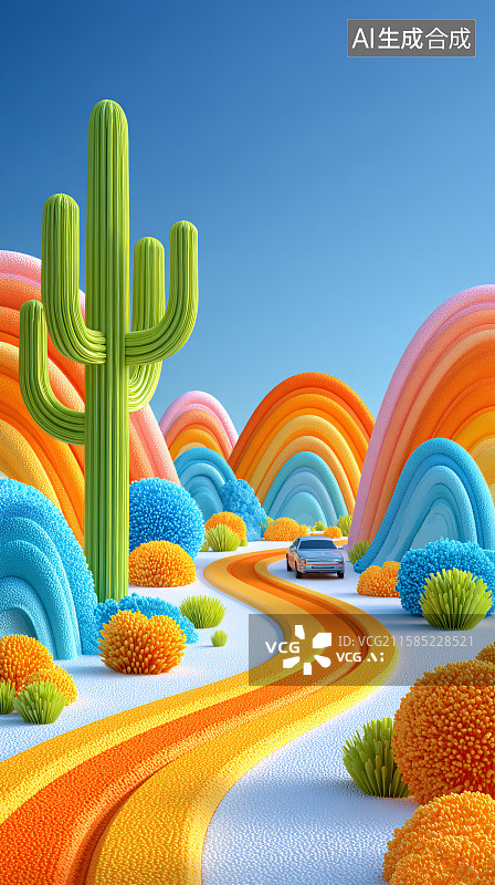 【AI数字艺术】3D沙漠中高大的仙人掌公路插画图片素材