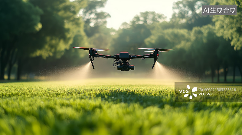 【AI数字艺术】农业植保无人机在农田耕地上喷洒作业，智慧农业概念图片素材