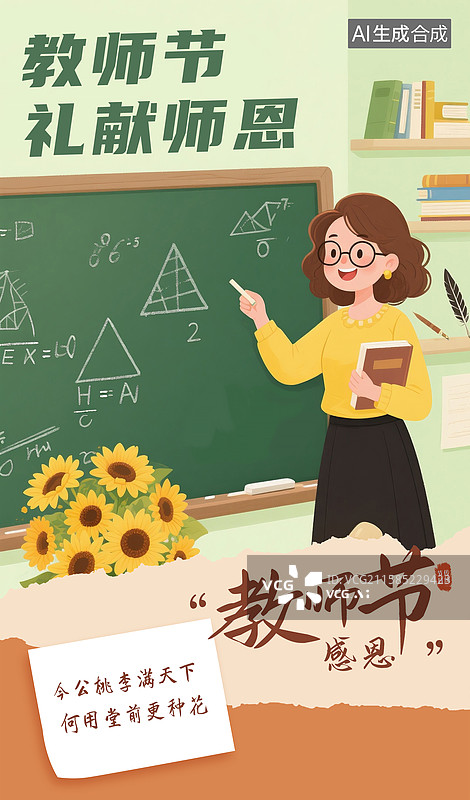 【AI数字艺术】9月10日 感恩教师节插画海报模版 教室学生给老师献花 女老师手握花束 黑板背景 竖版图片素材