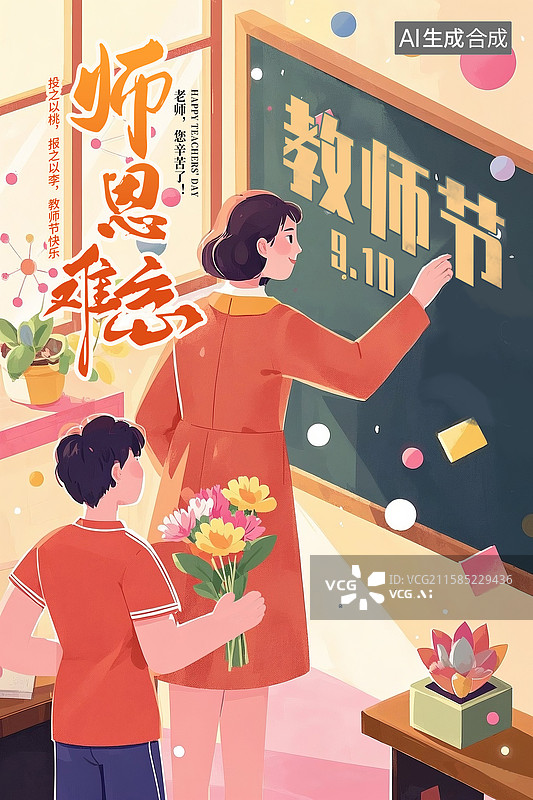 【AI数字艺术】9月10日 感恩教师节插画海报模版 教室学生给老师献花 女老师手握花束 教室桌椅和黑板背景 竖版图片素材