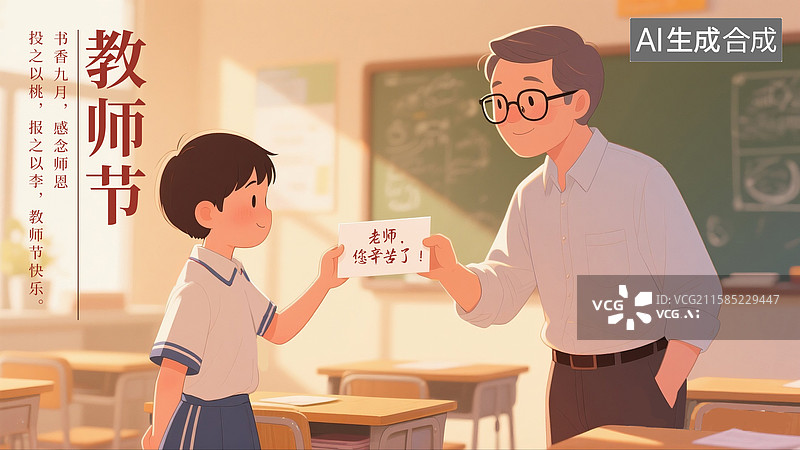【AI数字艺术】9月10日 感恩教师节插画海报模版 教室学生给老师庆祝节日快乐 男老师和男同学一起拿着白板 教室场景图片素材