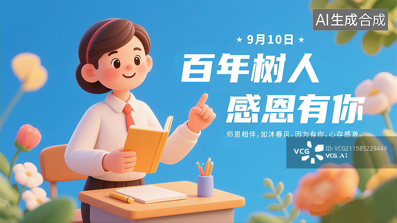 【AI数字艺术】9月10日 感恩教师节3D渲染插画海报模版 课堂上里认真读书的女孩 教室场景 横版图片素材