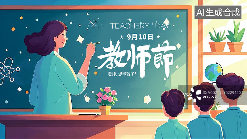 【AI数字艺术】9月10日感恩教师节插画海报模版 教室学生给老师庆祝节日快乐 女老师在黑板上讲课写字 教室场景 横版图片素材