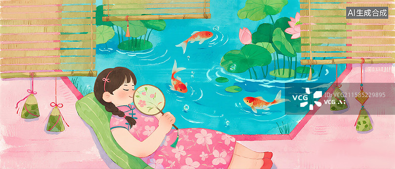 【AI数字艺术】二十四节气-夏天 古典女孩坐在窗边拿着团扇乘凉 窗外是荷塘锦鲤风景 国风插画 横版图片素材