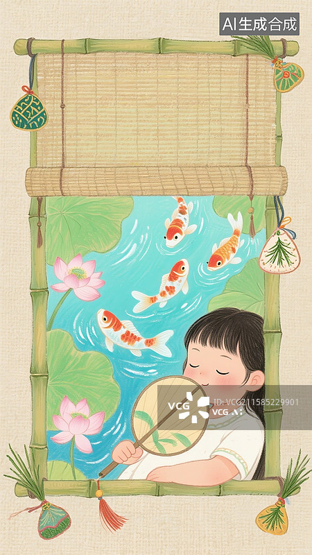 【AI数字艺术】二十四节气-夏天 古典女孩坐在窗边拿着团扇乘凉 窗外是荷塘锦鲤风景 国风插画 竖版图片素材